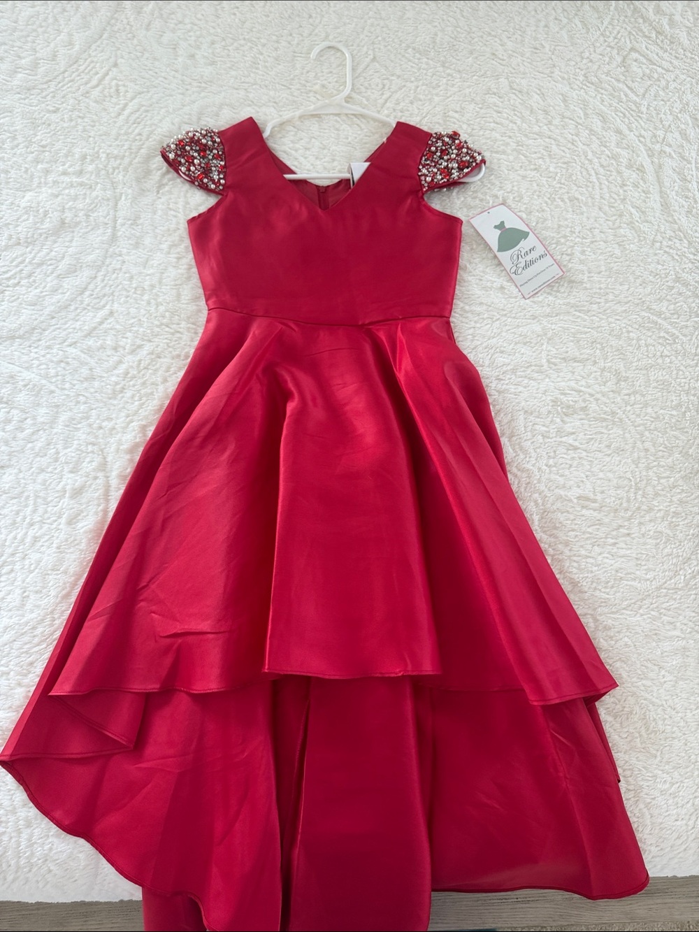 Rare Editions Girls' Red Beaded Cap-Sleeve High-Low Dress
